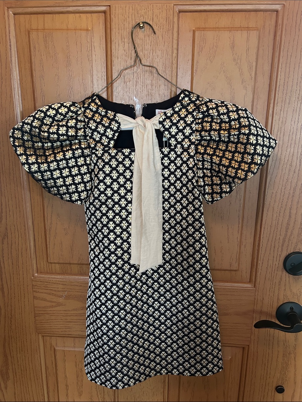 GB girls Black & Cream Puff Sleeve Bow-Front Formal Dress